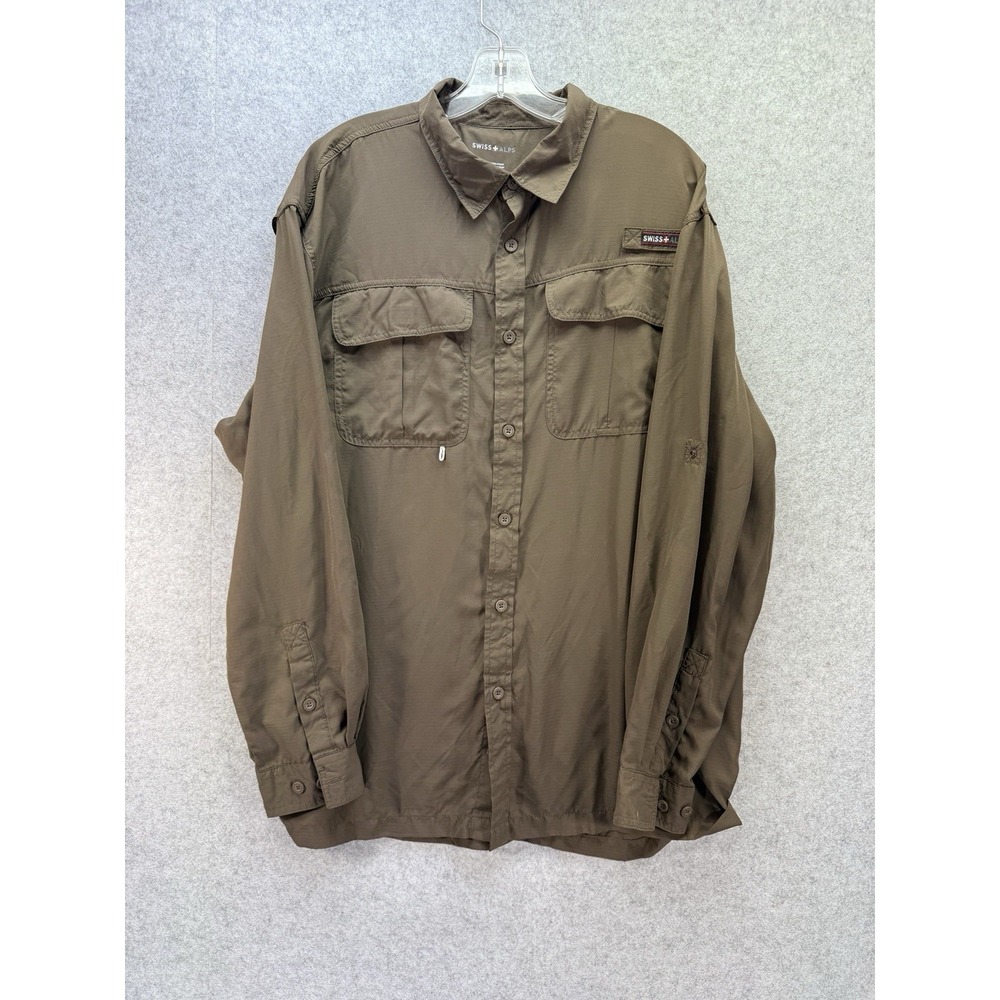 Swiss Alps Button Down Long Sleeve Brown Polyester Men's Large